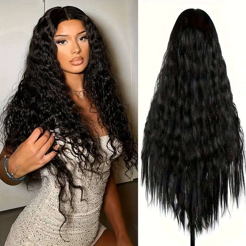 68cm Elegant Black Long Curly Hair Natural Wave with Adjustable Hat Net