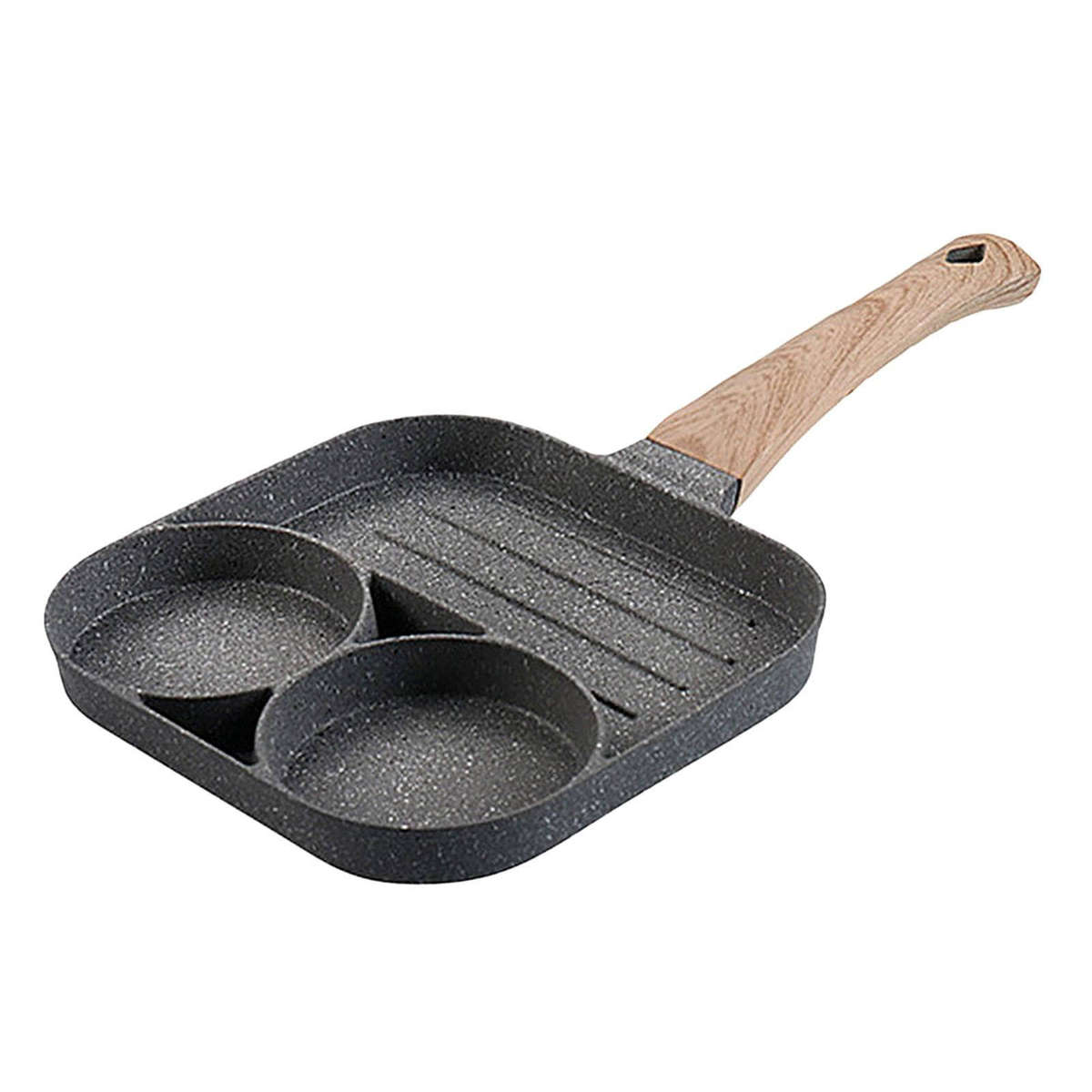 Small 3-in-1 non-stick egg frying pan with divided compartments.