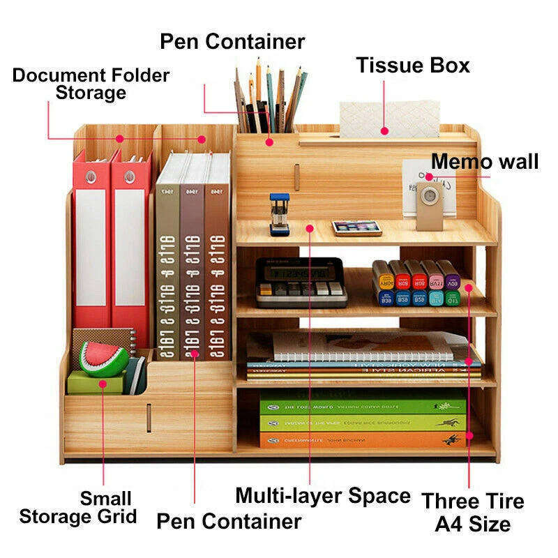 Home Storage Rack Office Wooden Storage Rack with File Tray