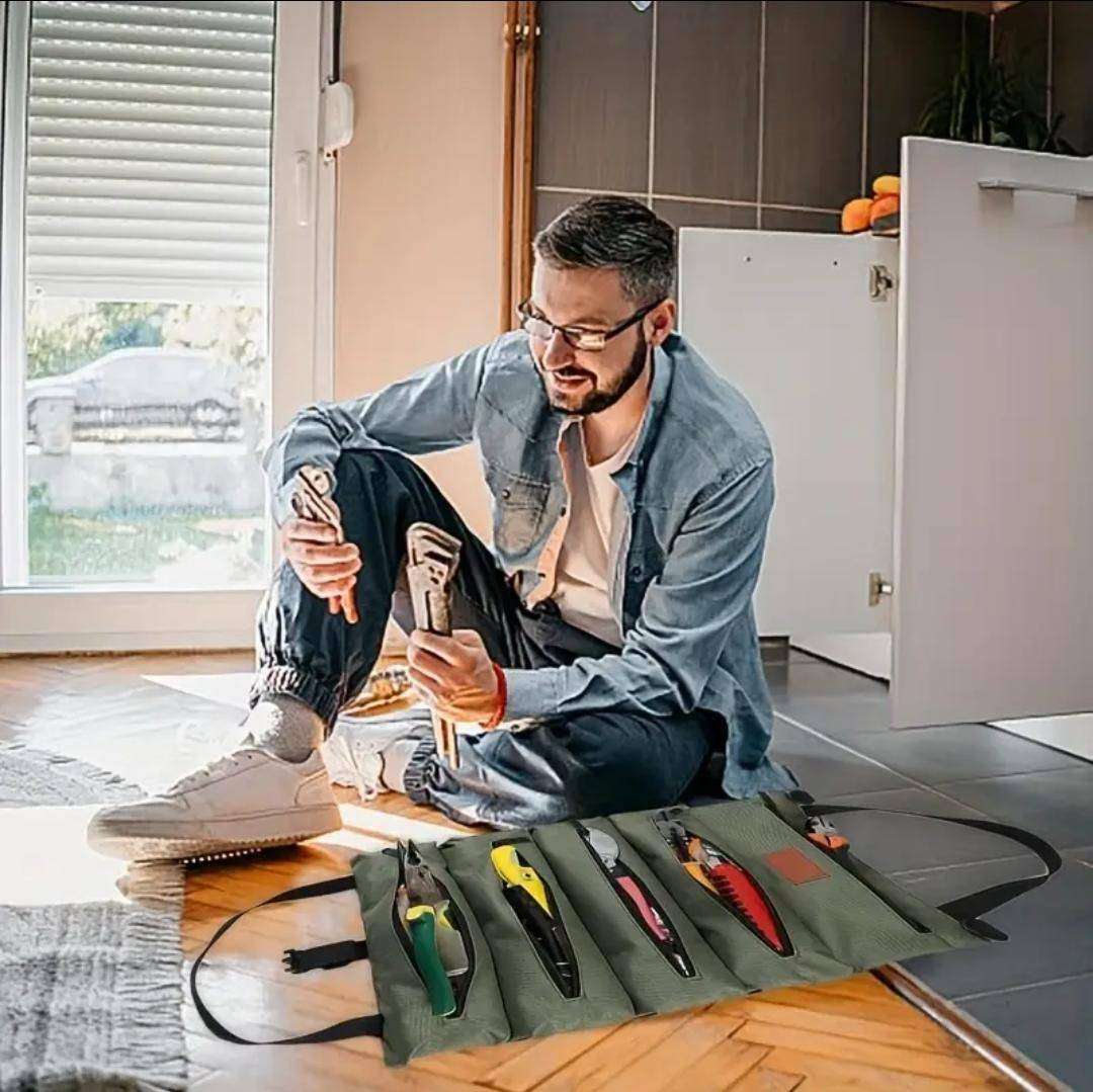 Multi-purpose folding tool bag with a roll-up design, suitable for both indoor and outdoor use