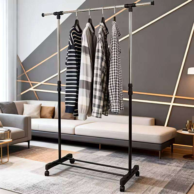 Single rod retractable metal clothes rack with wheels multi-purpose design clothes drying rack