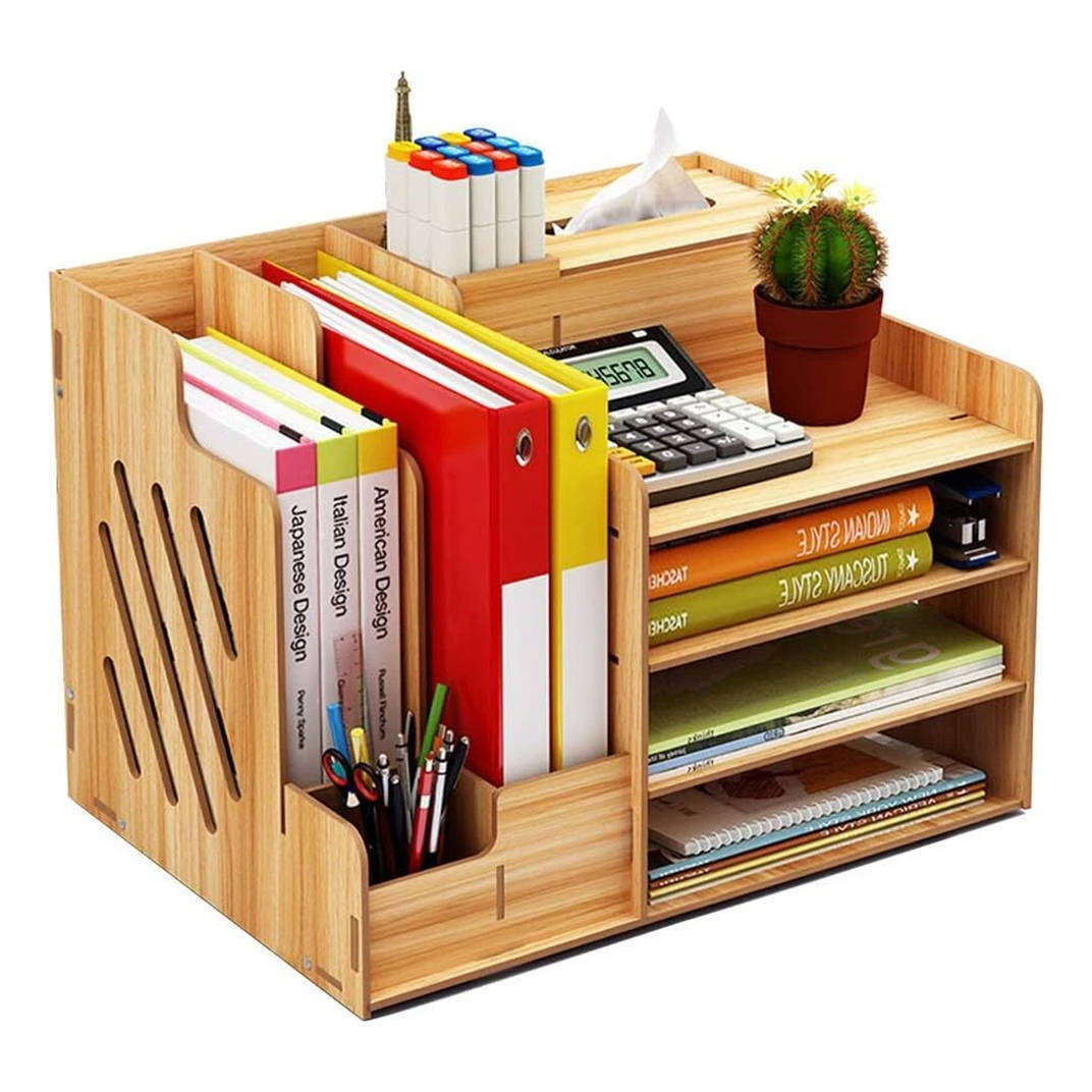 Home Storage Rack Office Wooden Storage Rack with File Tray