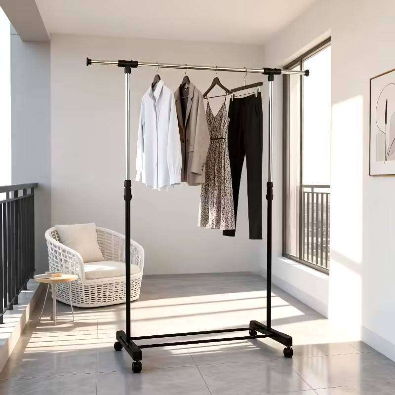 Single rod retractable metal clothes rack with wheels multi-purpose design clothes drying rack