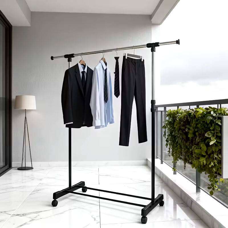 Single rod retractable metal clothes rack with wheels multi-purpose design clothes drying rack