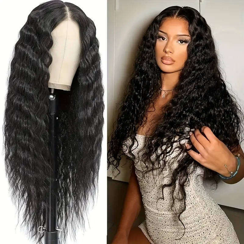 68cm Elegant Black Long Curly Hair Natural Wave with Adjustable Hat Net