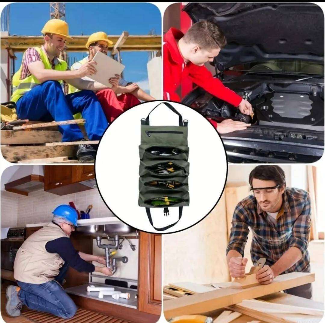 Multi-purpose folding tool bag with a roll-up design, suitable for both indoor and outdoor use