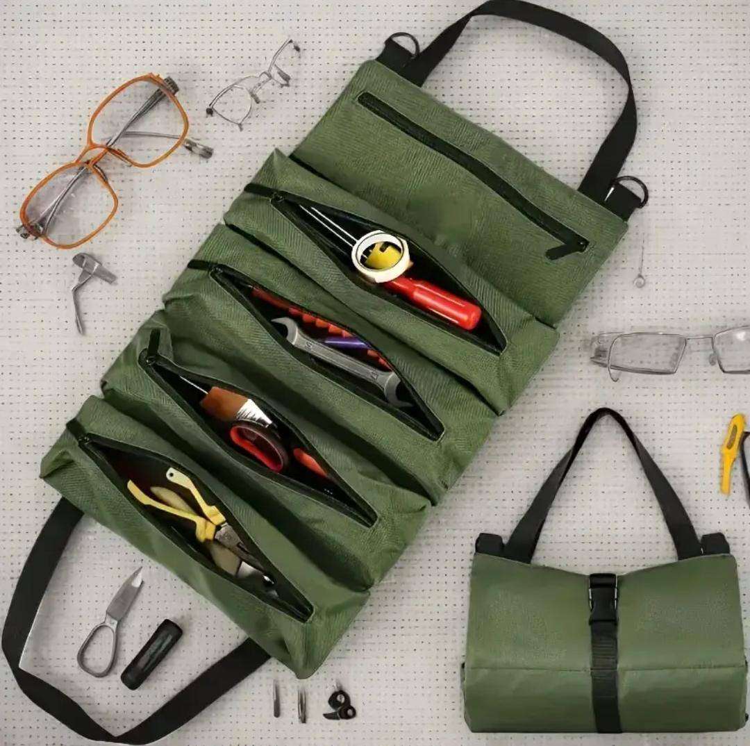 Multi-purpose folding tool bag with a roll-up design, suitable for both indoor and outdoor use