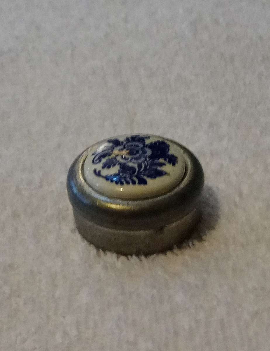 Vintage Real Dutch Pewter Pill Box with Blue & White Ceramic Flower Decorative Lid