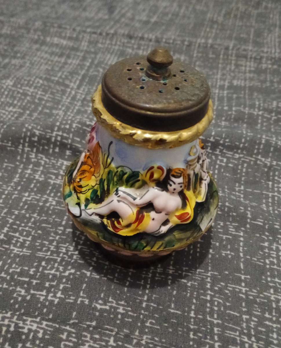 Vintage Capodimonte out of Grandma's Attic Salt Shaker and Pepper Mill High Relief Italy. Need TLC