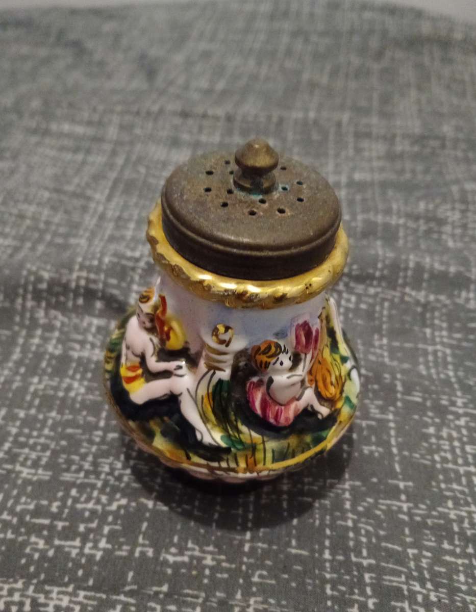 Vintage Capodimonte out of Grandma's Attic Salt Shaker and Pepper Mill High Relief Italy. Need TLC