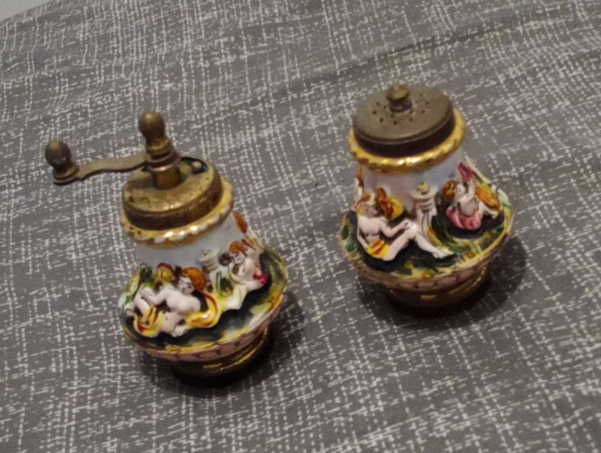 Vintage Capodimonte out of Grandma's Attic Salt Shaker and Pepper Mill High Relief Italy. Need TLC