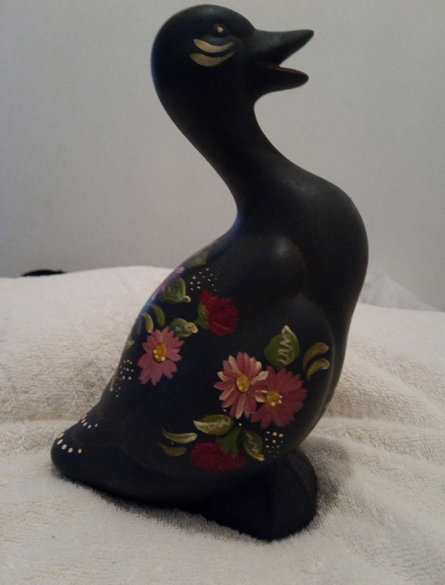 Vintage Ceramic Gray-Blue Duck With Hand Painted Flowers Decor Figurant