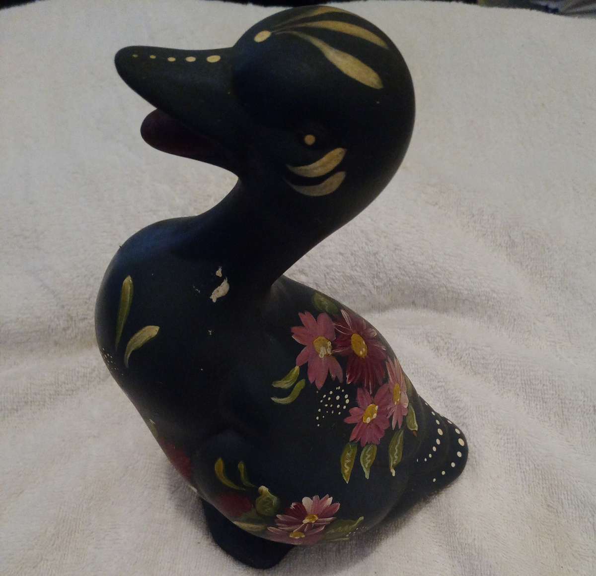Vintage Ceramic Gray-Blue Duck With Hand Painted Flowers Decor Figurant