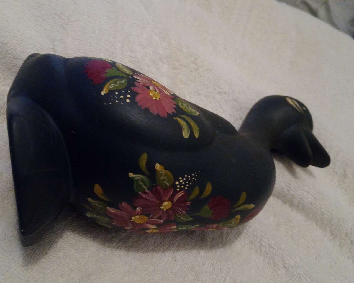 Vintage Ceramic Gray-Blue Duck With Hand Painted Flowers Decor Figurant