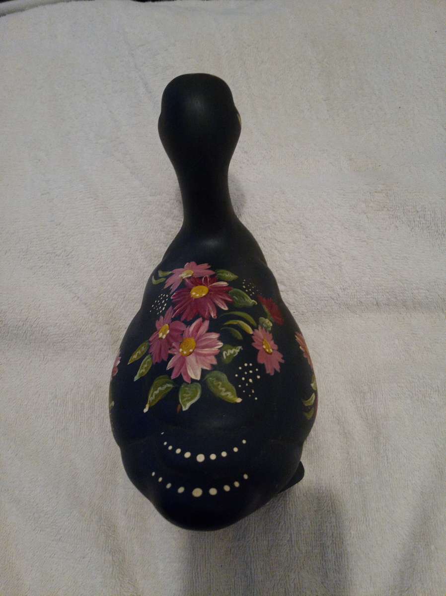 Vintage Ceramic Gray-Blue Duck With Hand Painted Flowers Decor Figurant