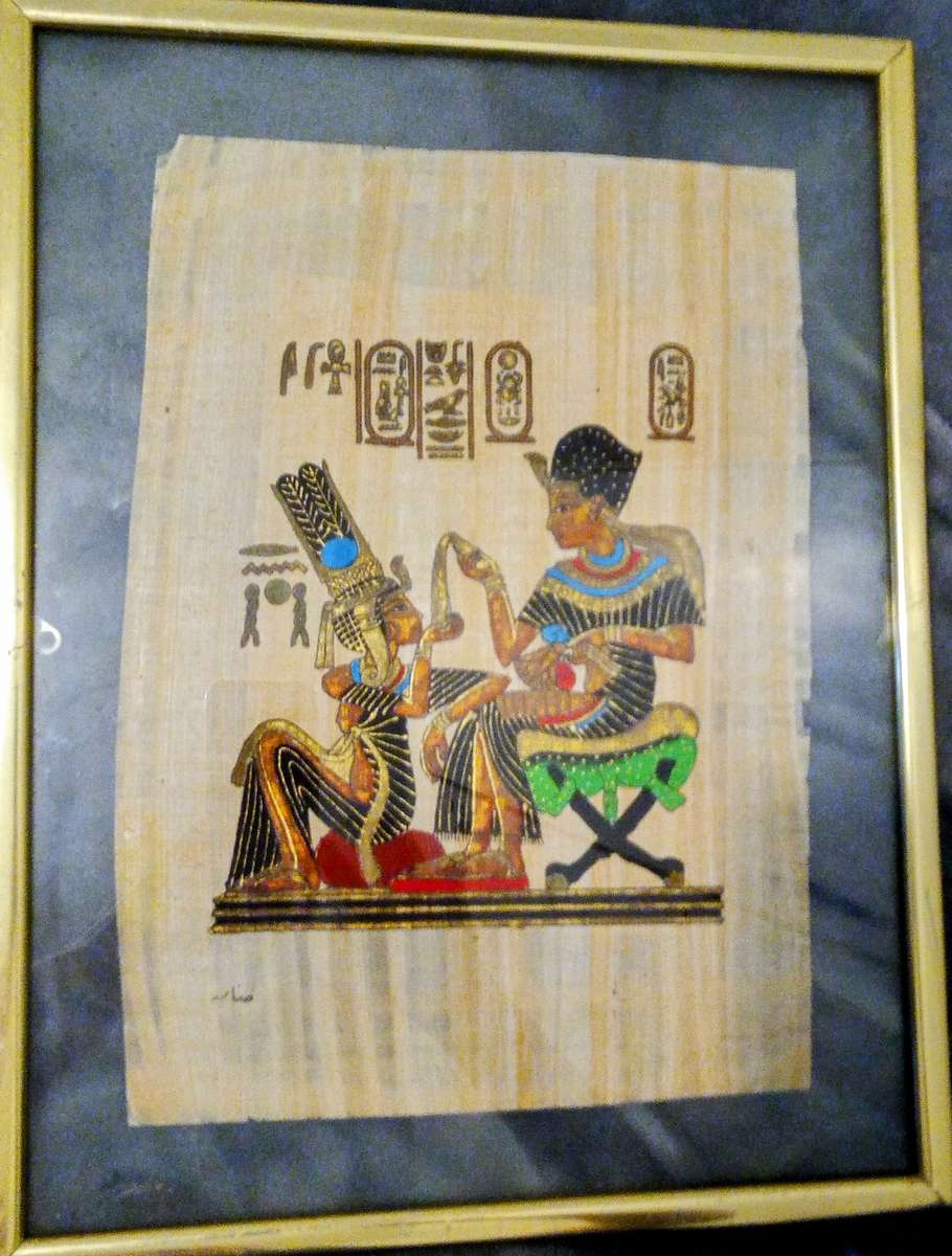 Egyptian Papyrus Painting Handmade King Tut with Queen Nefertari Sitting. Signed And Framed
