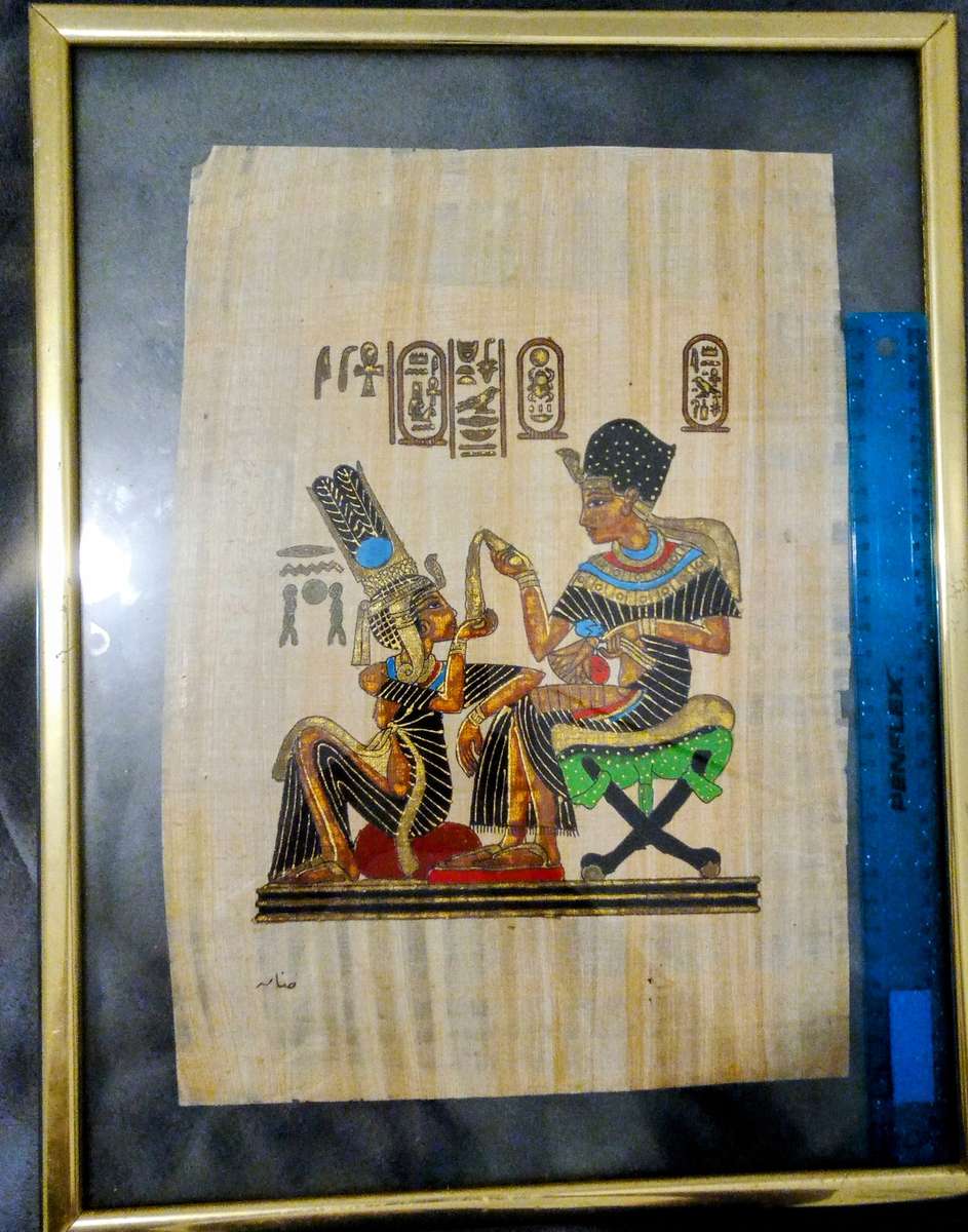 Egyptian Papyrus Painting Handmade King Tut with Queen Nefertari Sitting. Signed And Framed