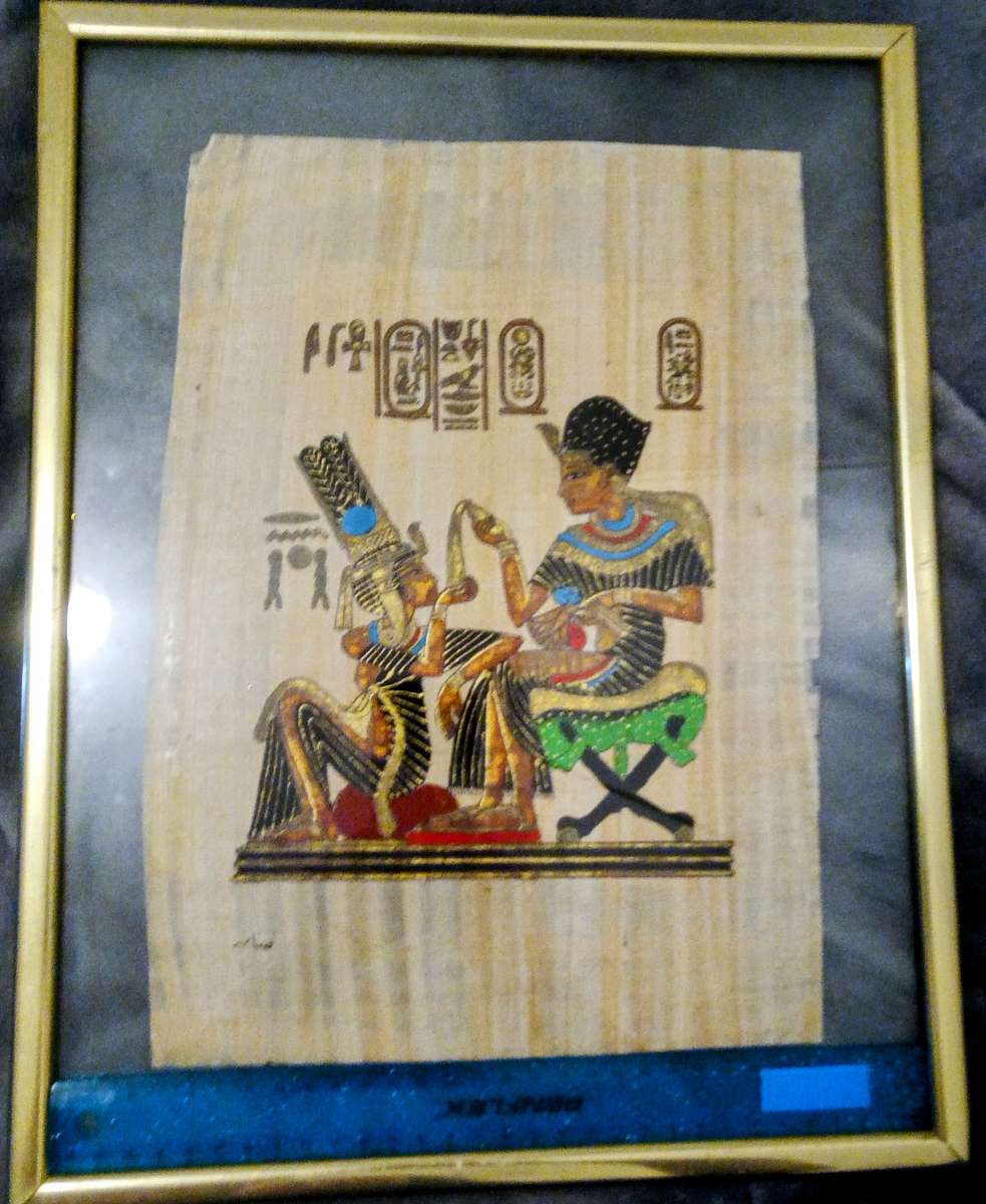 Egyptian Papyrus Painting Handmade King Tut with Queen Nefertari Sitting. Signed And Framed