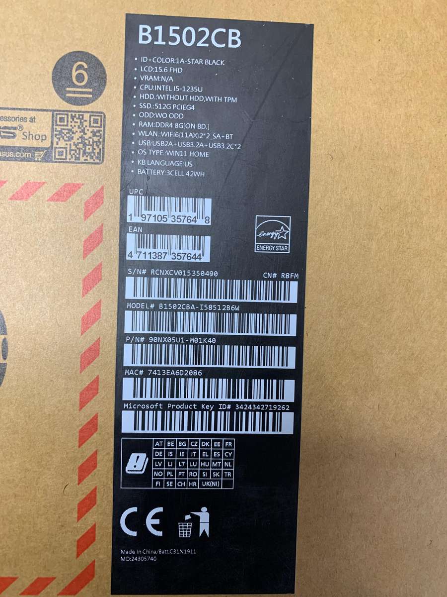 ASUS Expertbook B1502 - i5 12th Gen - 8GB RAM - 512 SSD - Brand New Open Box