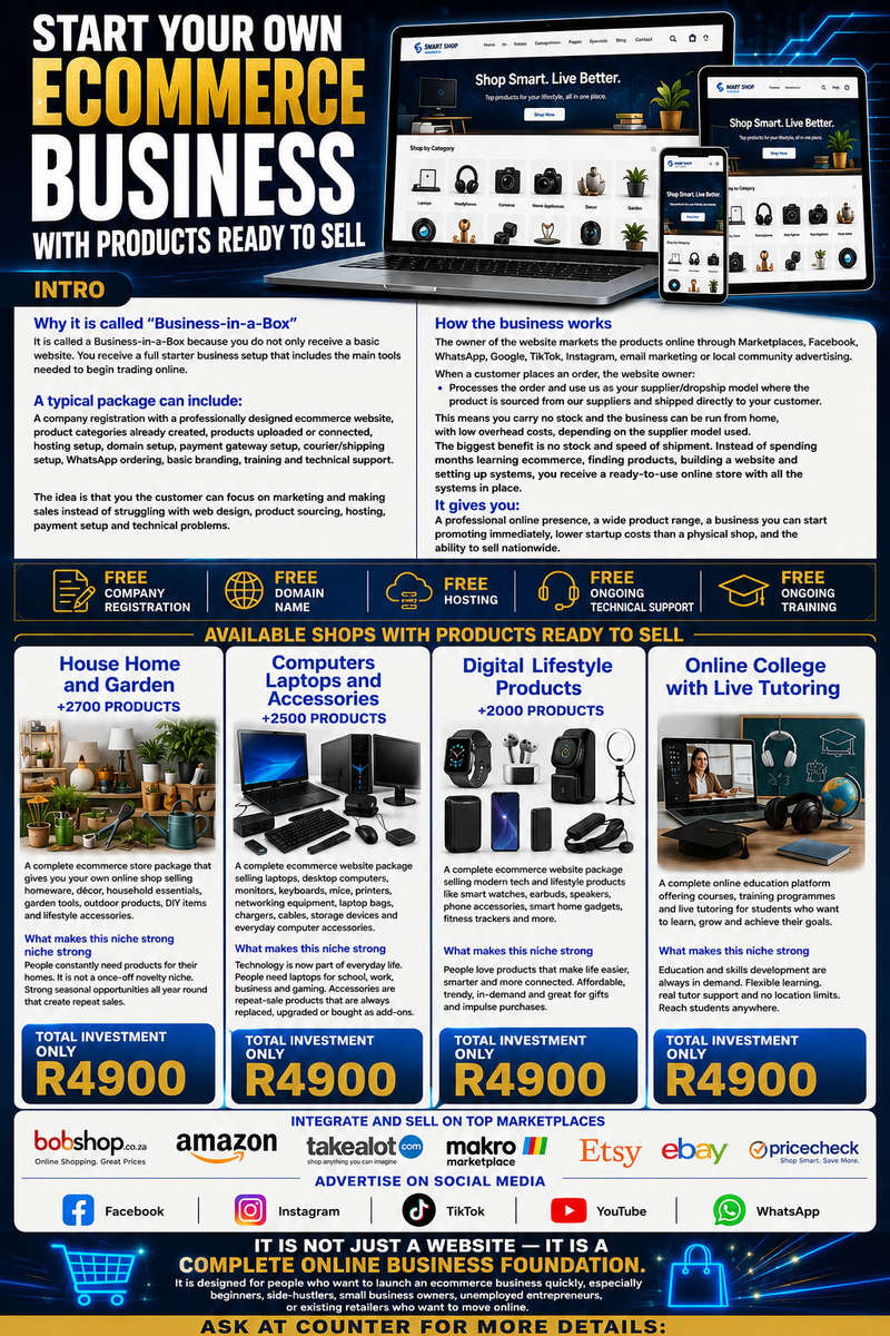 eCommerce Dropship Business +Products + Website +Company Reg