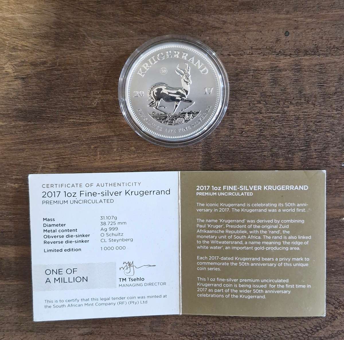 2017 1 oz Fine-silver Krugerrand 50th anniversary (premium uncirculated)