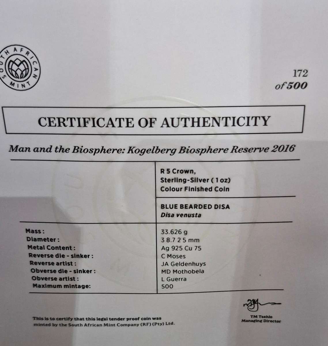 2016 Man and the Biosphere: Kogelberg Biosphere reserve: R5 Silver Blue Bearded Disa