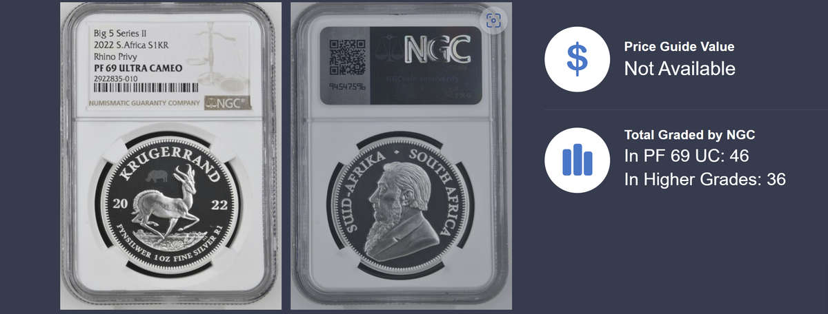 2022 Big 5 Series ll S. Africa 1oz Silver Krugerrand (PF 69 UC, Rhino Privy)