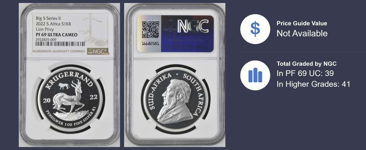 2022 Big 5 Series ll S. Africa 1oz Silver Krugerrand (PF 69 UC, Lion Privy)