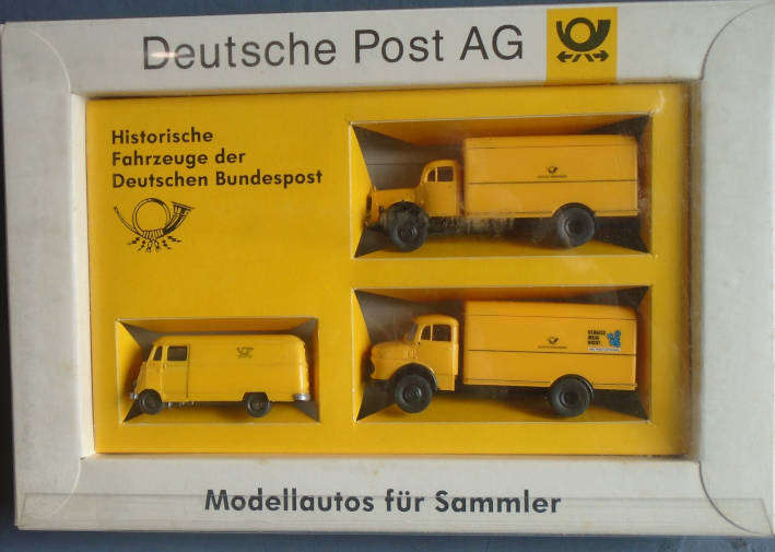 BREKINA 1/87 HO SCALE- DEUTSCHE POST, 2 X TRUCKS & 1 X VAN, BOXED
