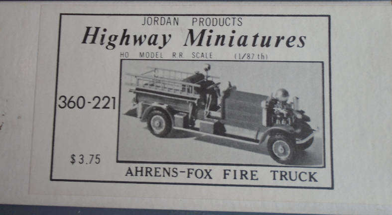 HIGHWAY MINIATURES HO SCALE - AHRENS-FOX FIRE TRUCK KIT, BOXED
