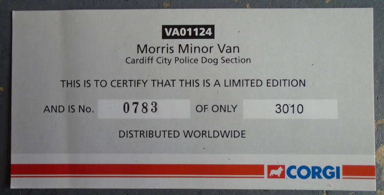 VANGUARDS 1/43 SCALE - MORRIS MINOR VAN, POLICE DOG UNIT, BOXED, LTD ED.