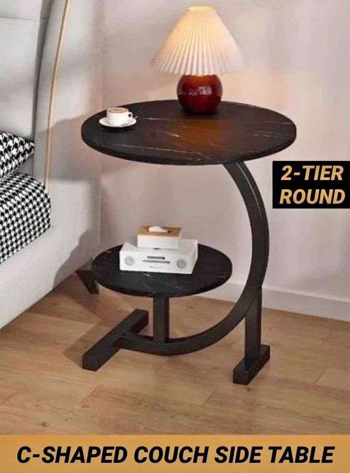 Portable C-Shaped Round Sofa Side Table 2 Layers