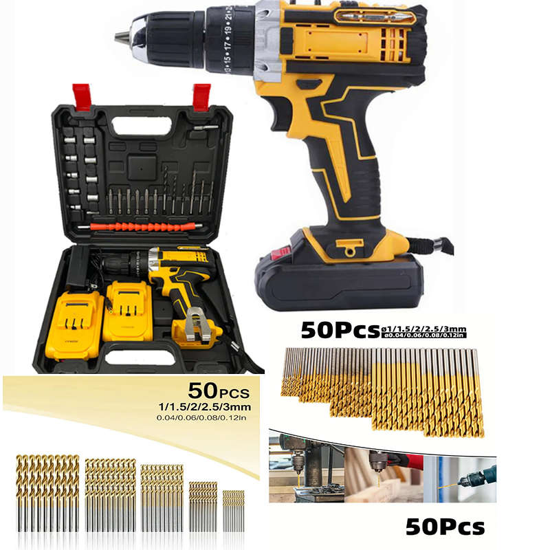 Cordless Electric Impact Drill + 50 Pieces Titanium Coated Hss Drill Bit Set