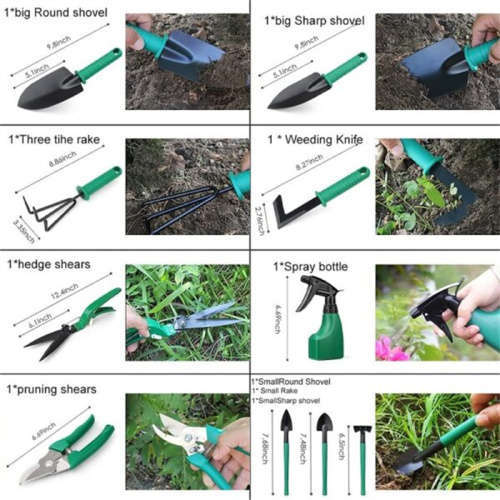 Multifunctional Stainless Steel 10-Piece Garden Tool Set Green