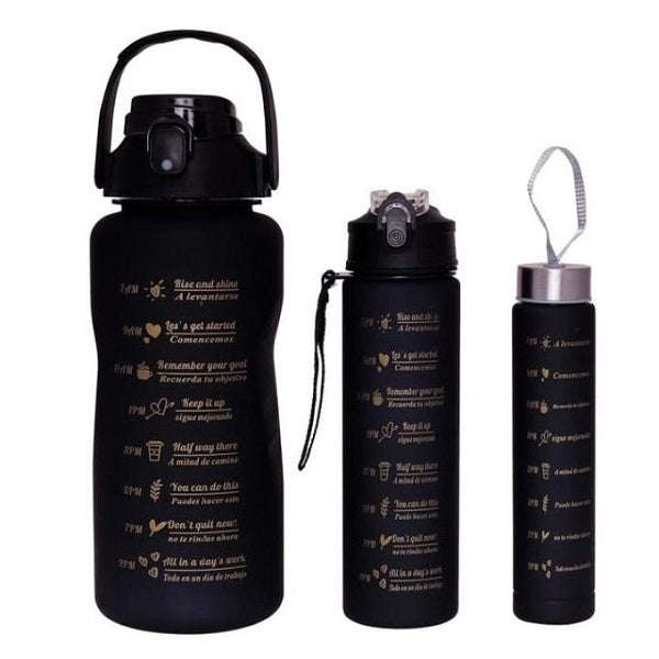 Large Capacity 3-Pack Black Motivational Water Bottles