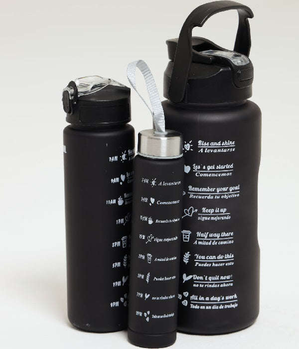 Large Capacity 3-Pack Black Motivational Water Bottles