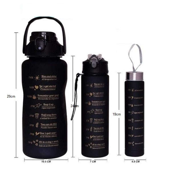 Large Capacity 3-Pack Black Motivational Water Bottles