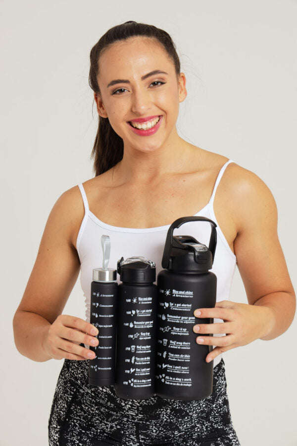 Large Capacity 3-Pack Black Motivational Water Bottles