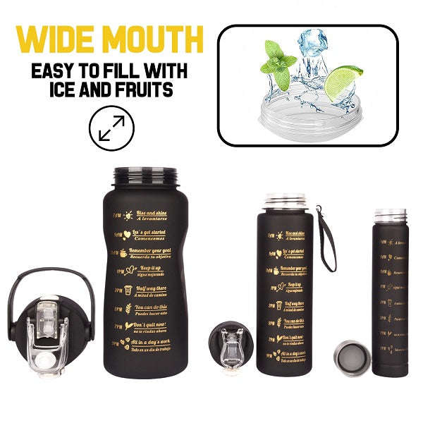 Large Capacity 3-Pack Black Motivational Water Bottles