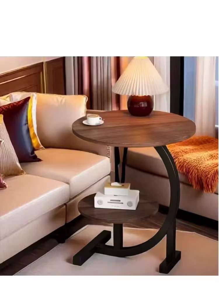 Portable C-Shaped Round Sofa Side Table 2 Layers