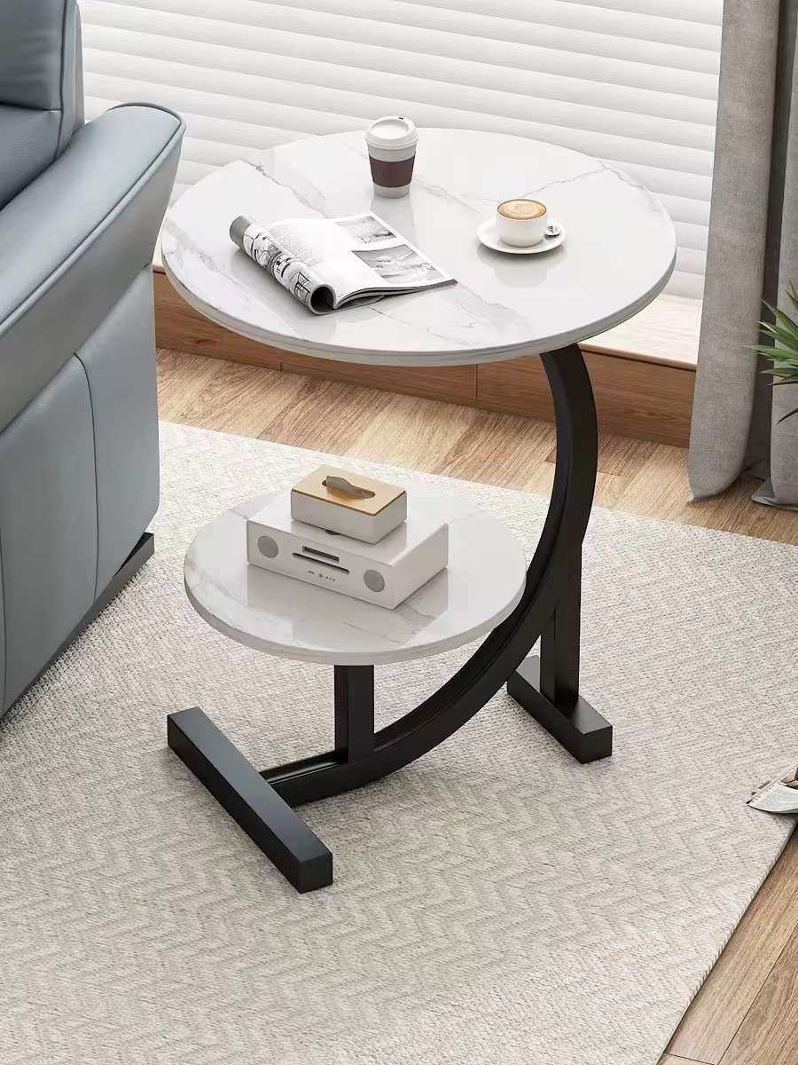 Portable C-Shaped Round Sofa Side Table 2 Layers