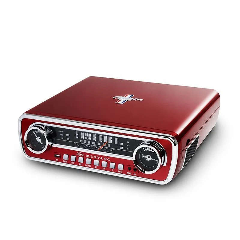 1965 RED FORD MUSTANG LP CAR-STYLED TURNTABLE RECORD PLAYER - USB - AMFM(NEW-MINOR BOX WEAR)