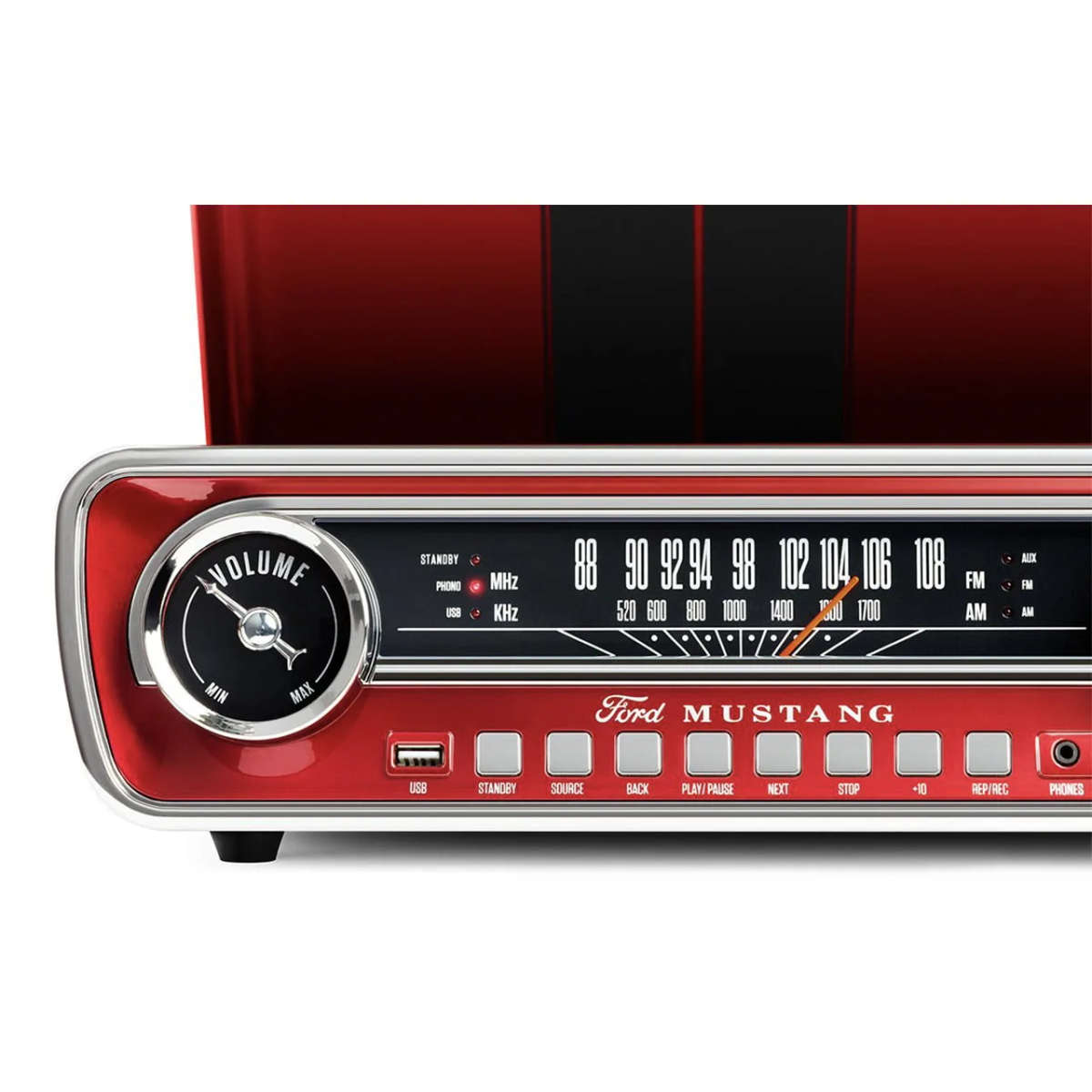 1965 RED FORD MUSTANG LP CAR-STYLED TURNTABLE RECORD PLAYER - USB - AMFM(NEW-MINOR BOX WEAR)