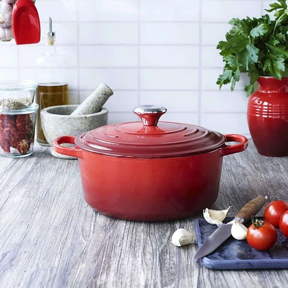 7 Piece Authentic Cast Iron Dutch Oven Cookware Pot Set - RED