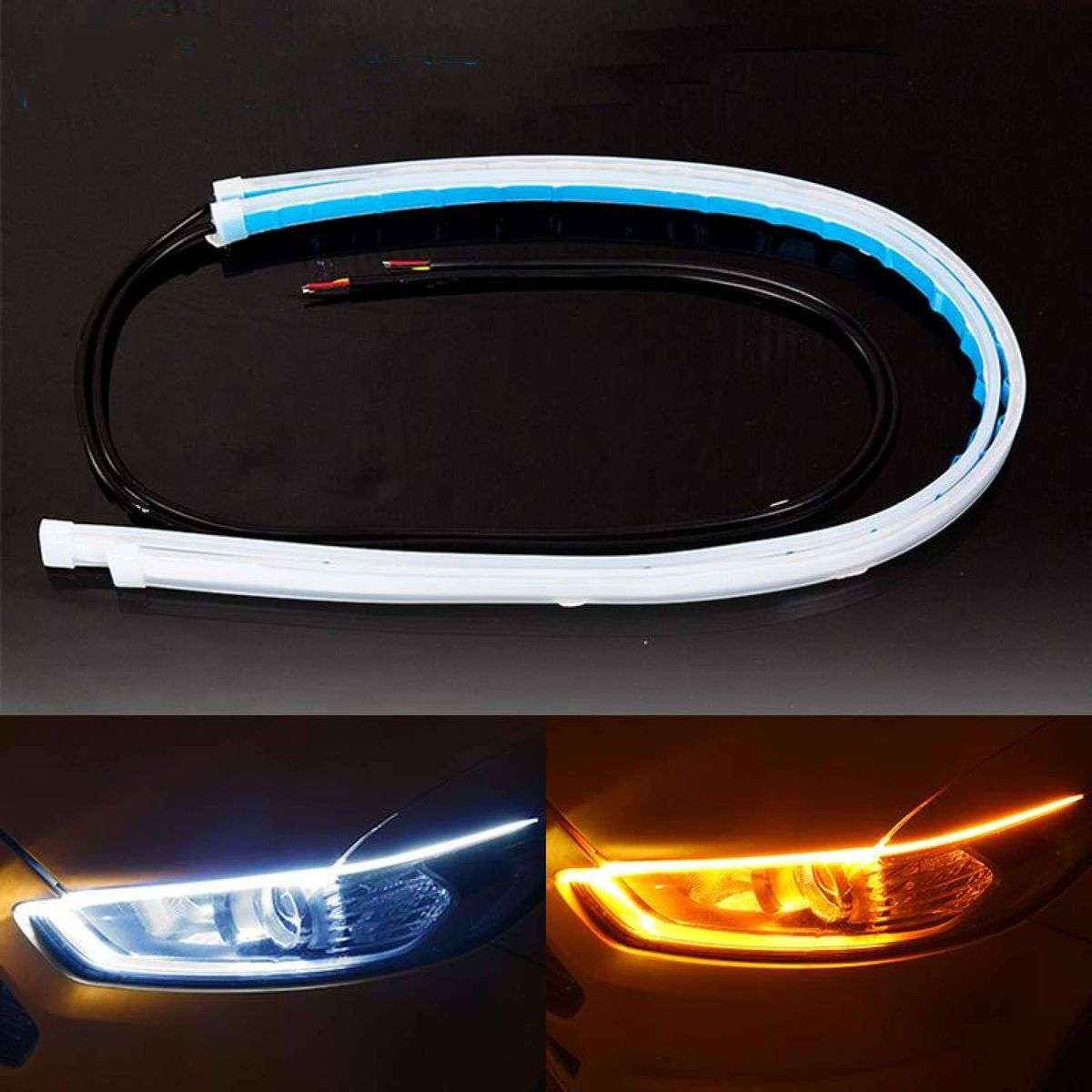 2PC 60CM Vehicle Sequential DRL LED Strip Light Flexible White & Amber