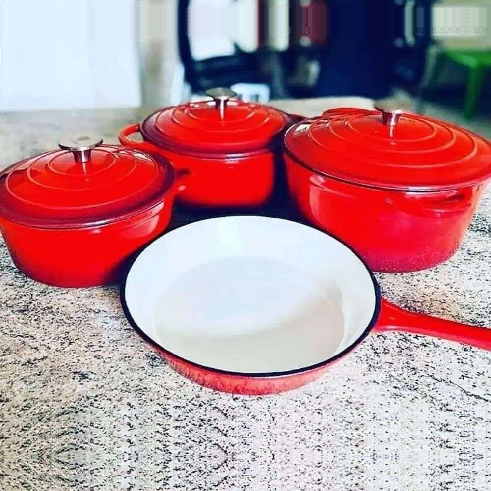 7 Piece Authentic Cast Iron Dutch Oven Cookware Pot Set - RED