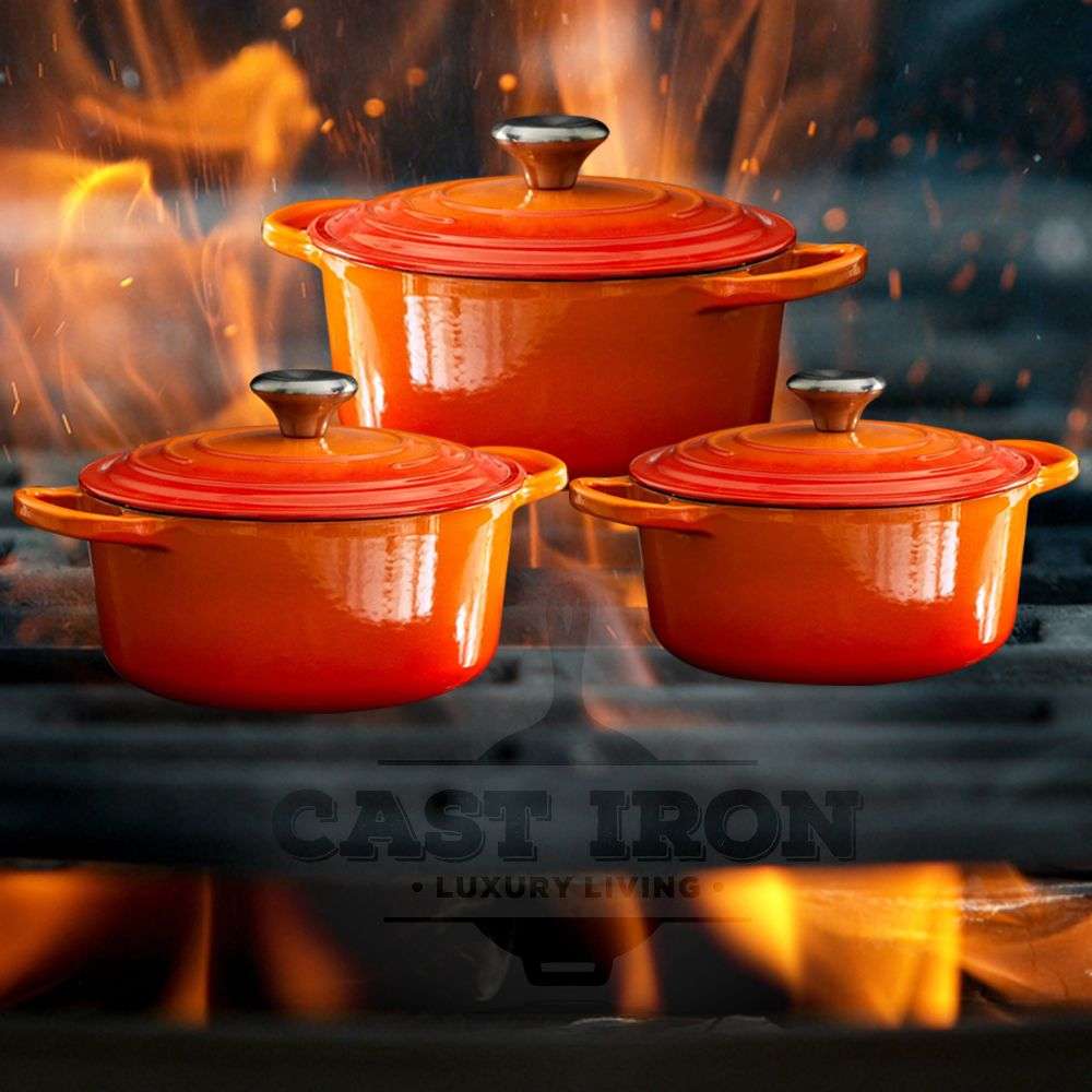 7 Piece Authentic Cast Iron Dutch Oven Cookware Pot Set - Orange