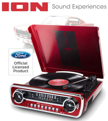 1965 RED FORD MUSTANG LP CAR-STYLED TURNTABLE RECORD PLAYER - USB - AMFM(NEW-MINOR BOX WEAR)