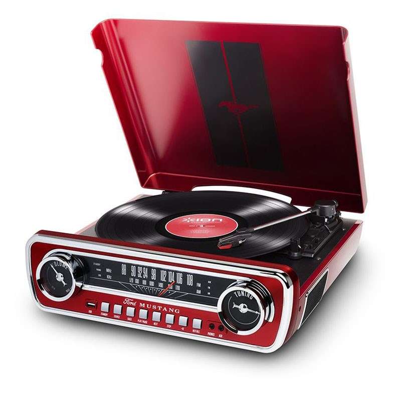 1965 RED FORD MUSTANG LP CAR-STYLED TURNTABLE RECORD PLAYER - USB - AMFM(NEW-MINOR BOX WEAR)