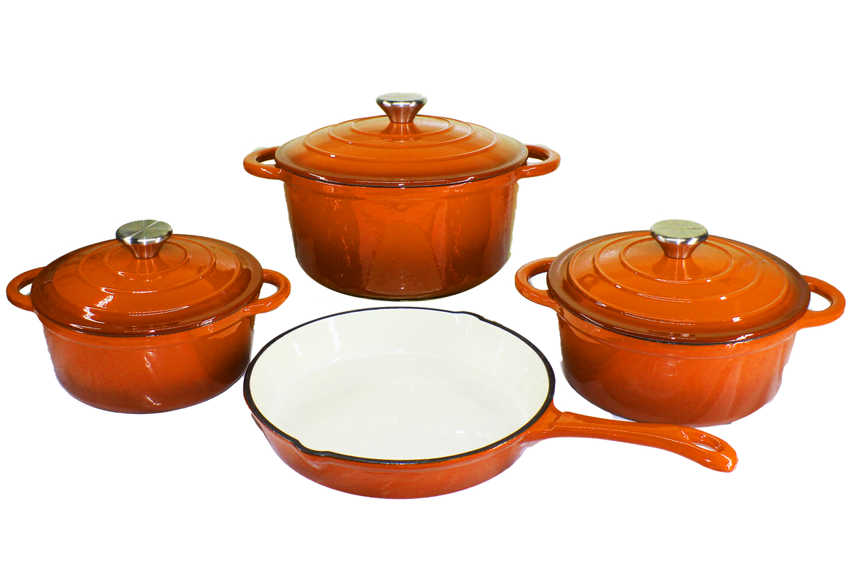 7 Piece Authentic Cast Iron Dutch Oven Cookware Pot Set - Orange
